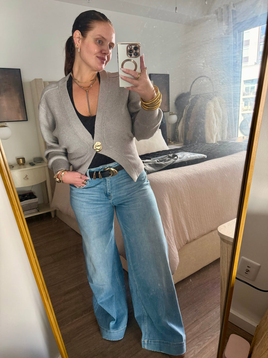 Grey Sweater with Gold Detail