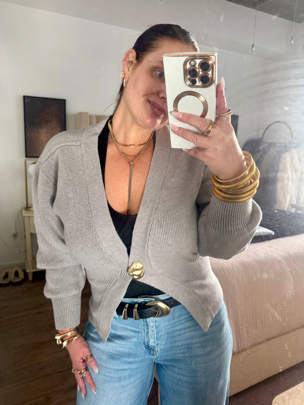 Grey Sweater with Gold Detail