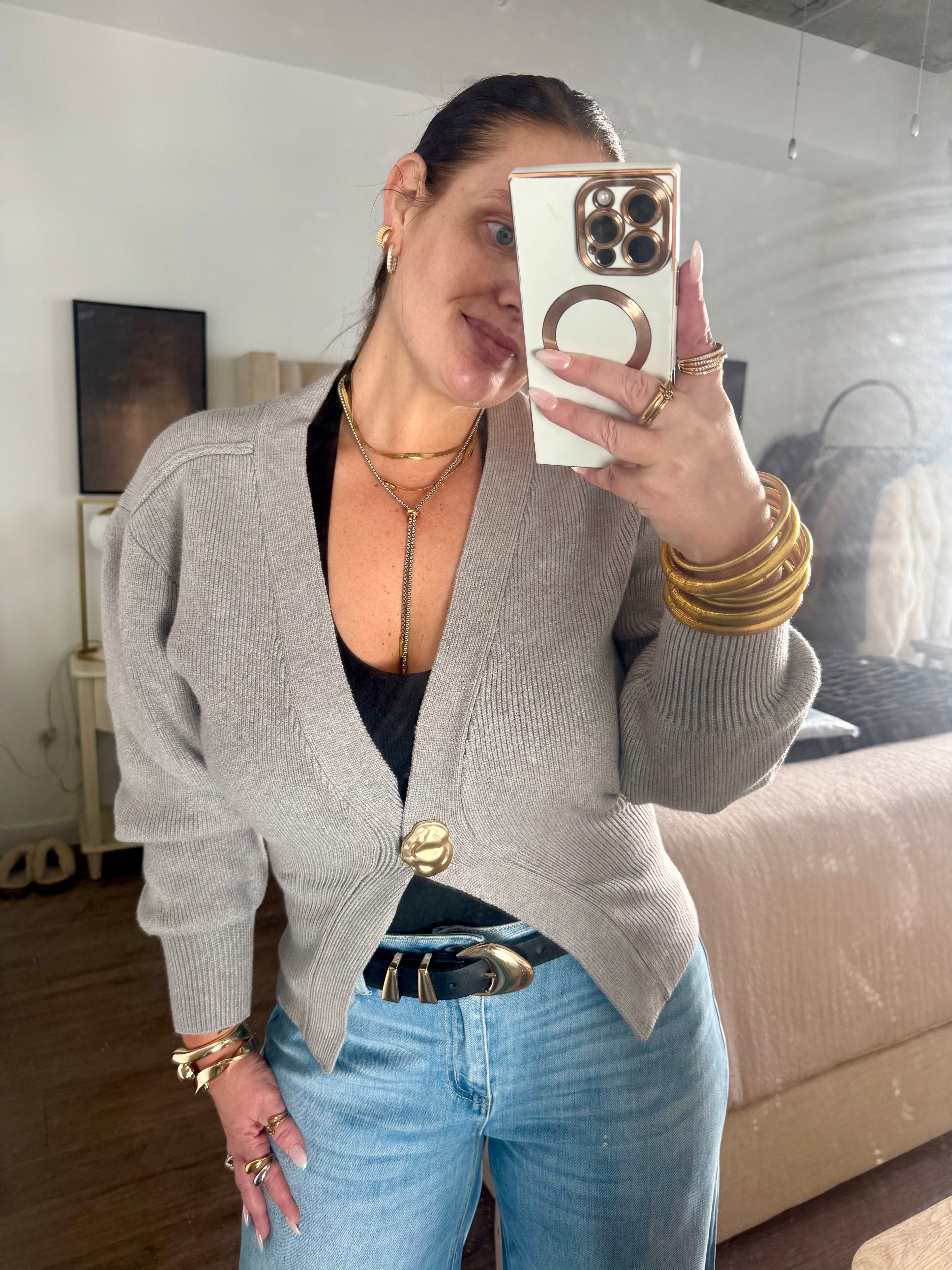 Grey Sweater with Gold Detail