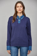Sweater Top with Denim Collar Detail