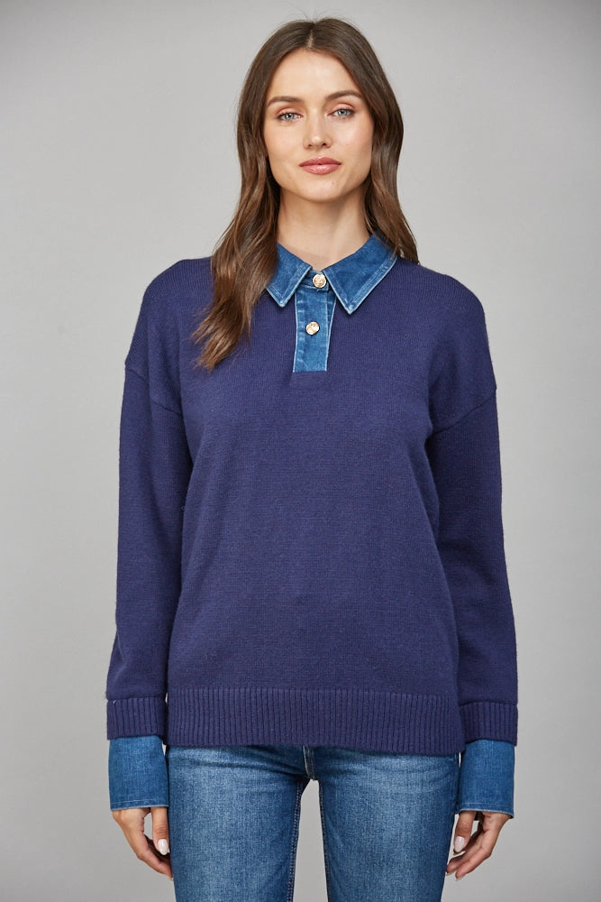 Sweater Top with Denim Collar Detail