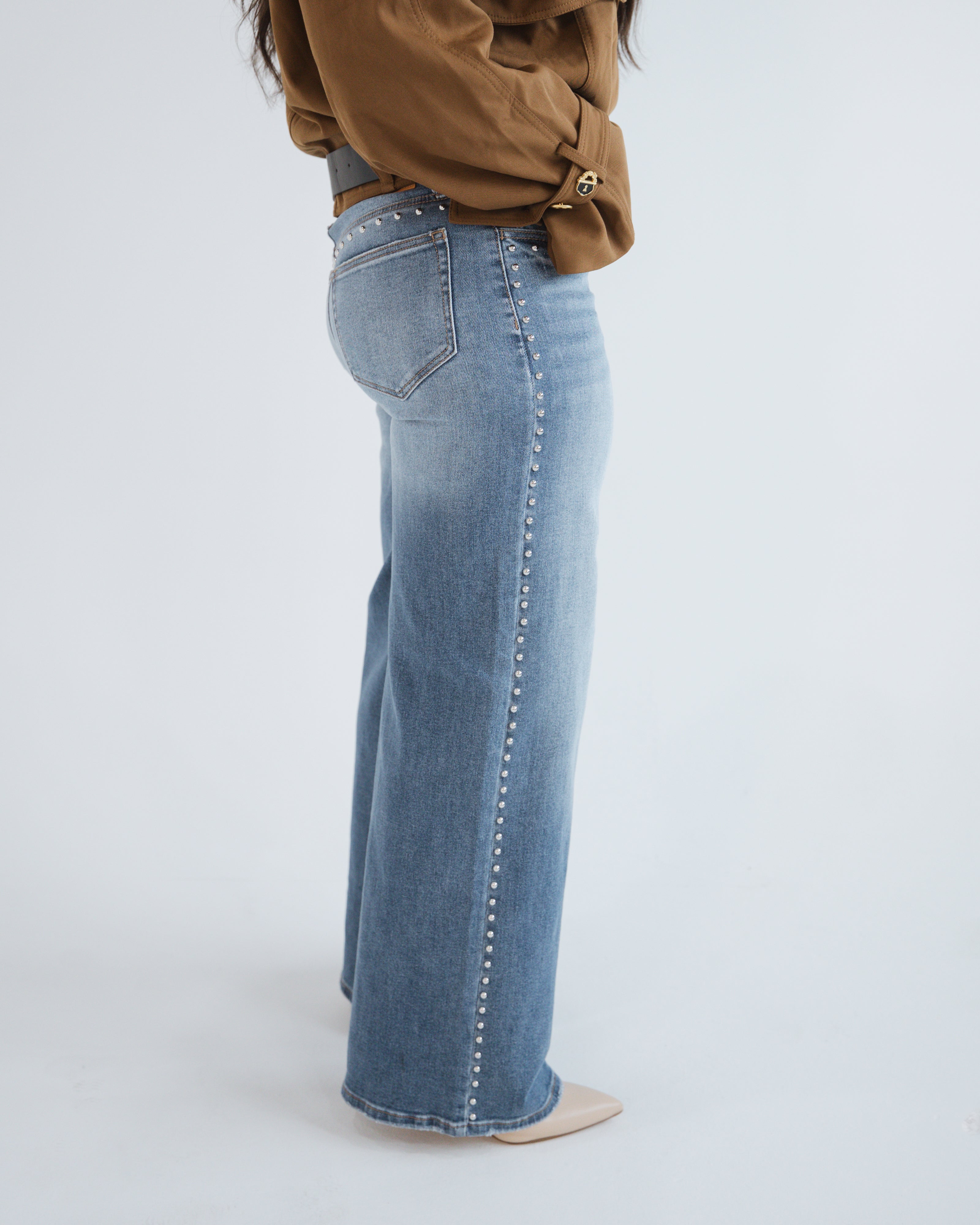 High Rise Studded Wide Leg Denim
