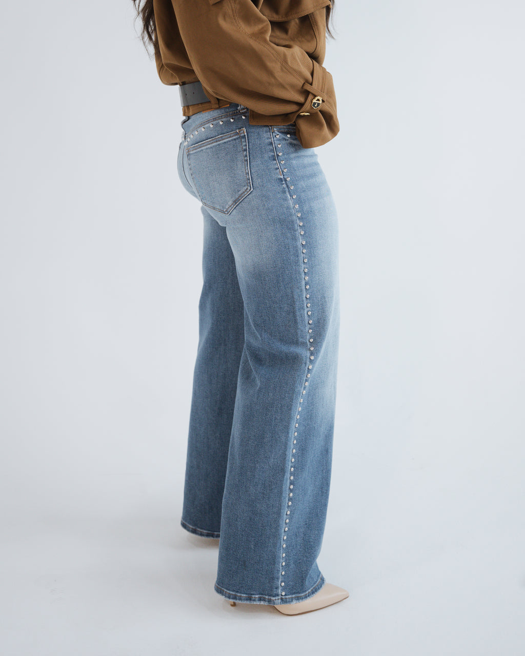 High Rise Studded Wide Leg Denim