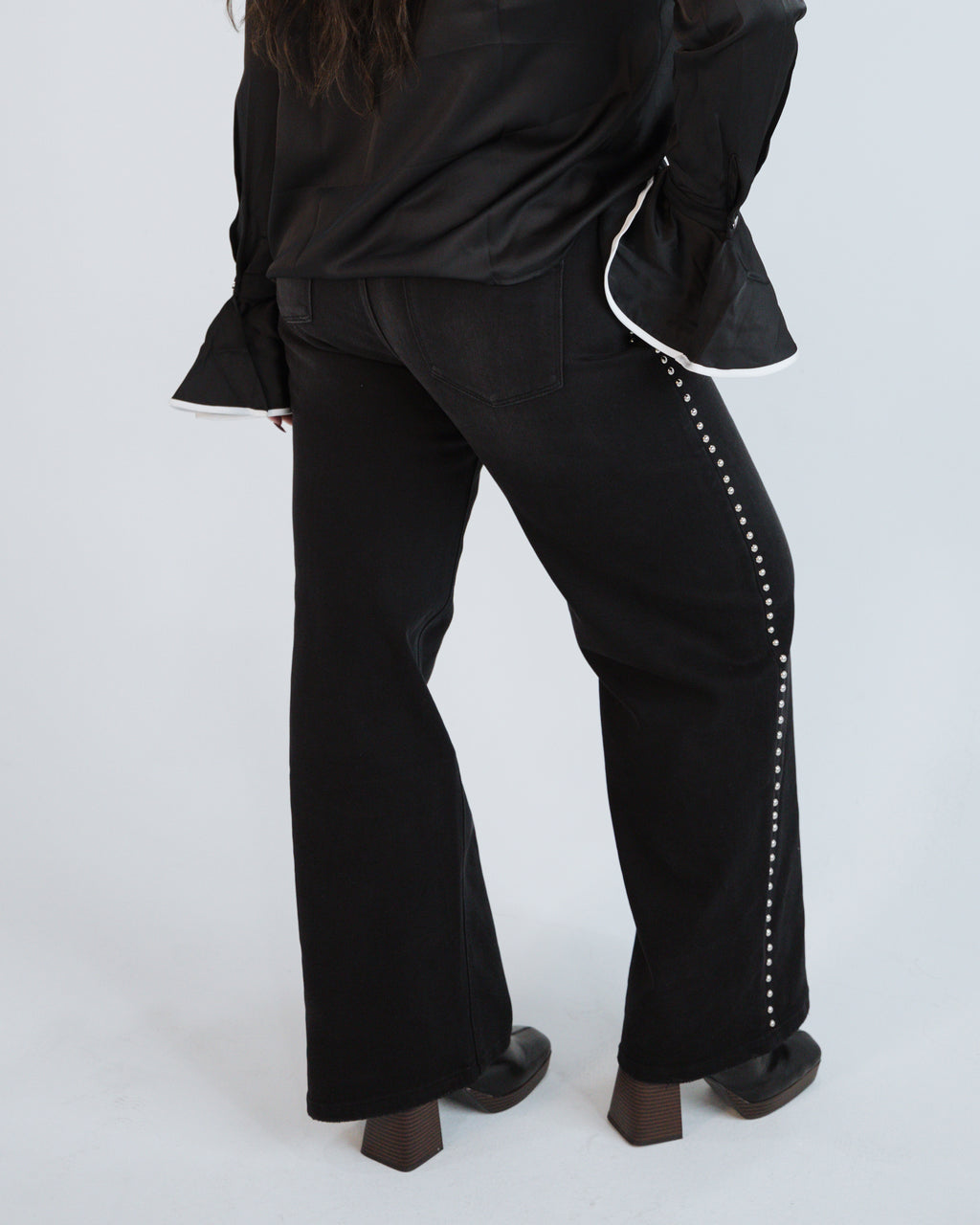 High Rise Silver Stud Wide Leg Denim