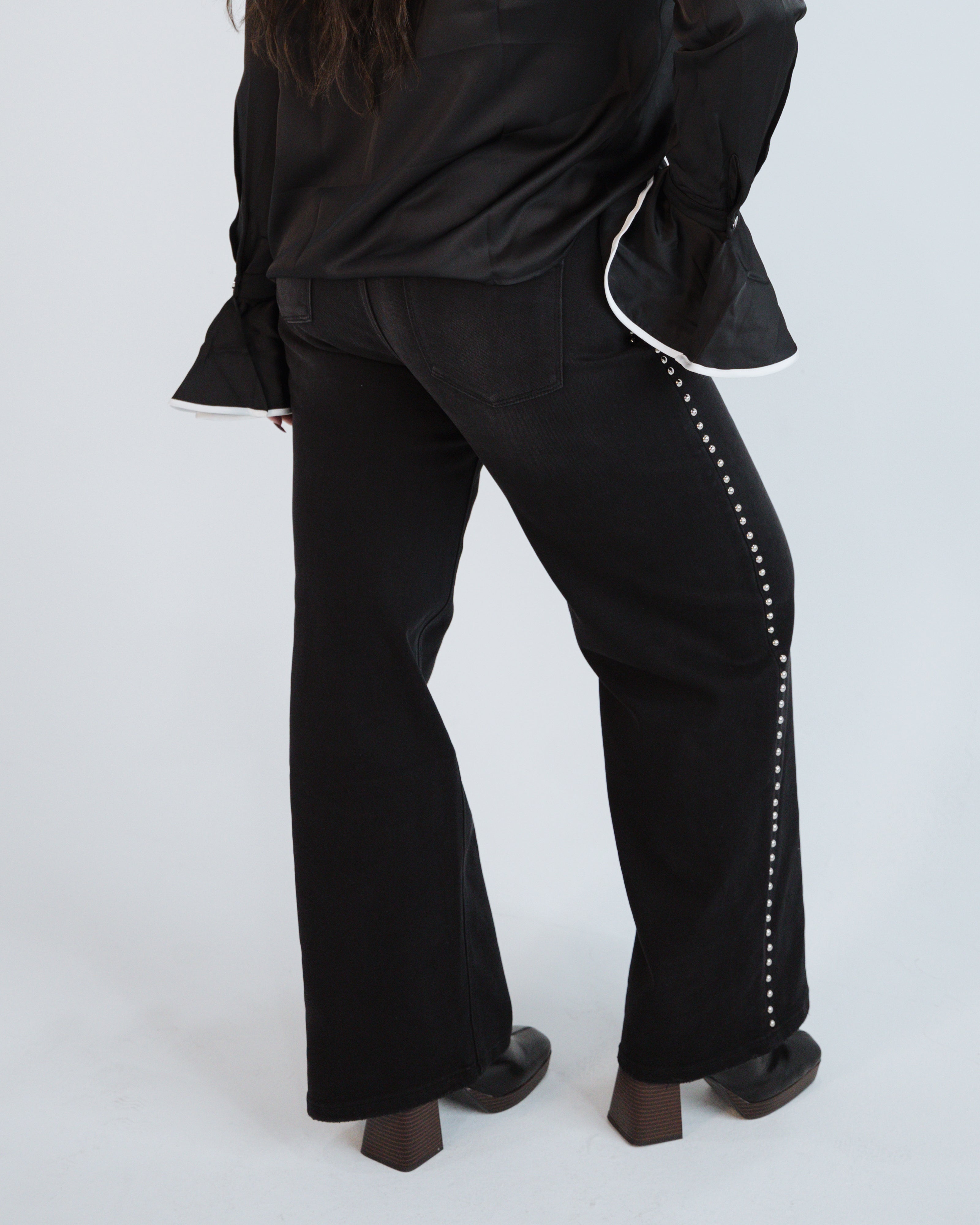 High Rise Silver Stud Wide Leg Denim