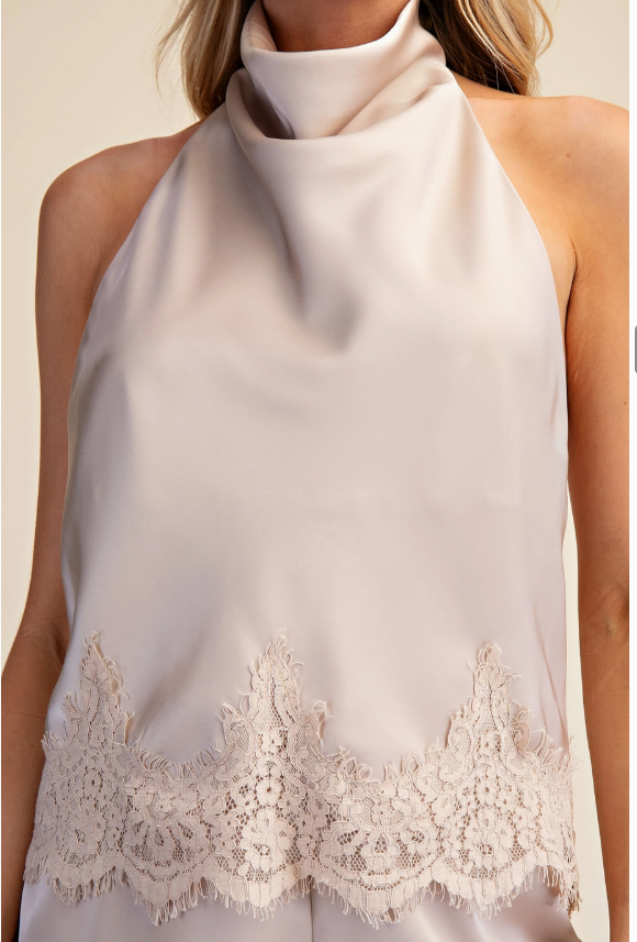 Satin Halter Neck Open Back Lace Trim Top