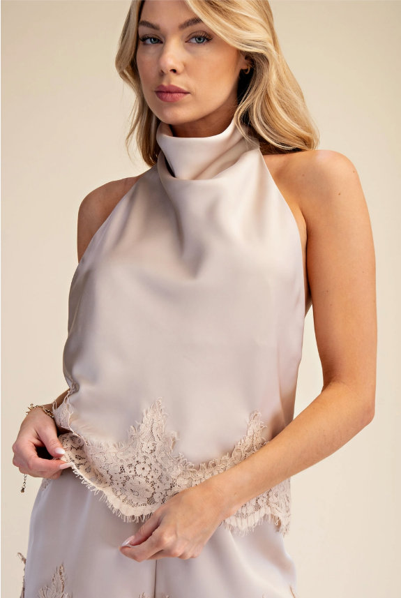 Satin Halter Neck Open Back Lace Trim Top