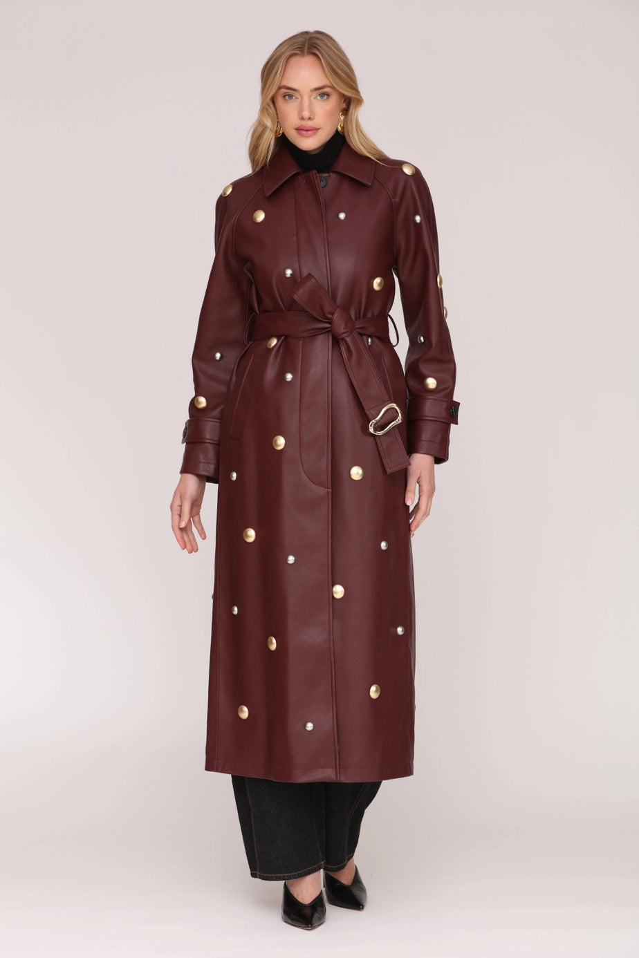 Studded Faux Leather Trench Coat