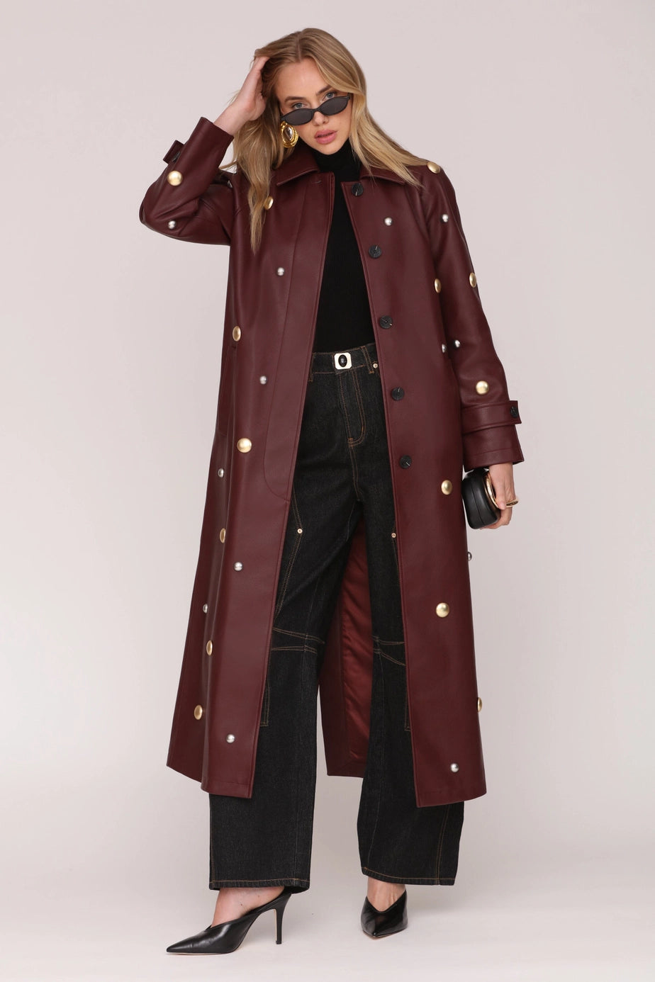 Studded Faux Leather Trench Coat