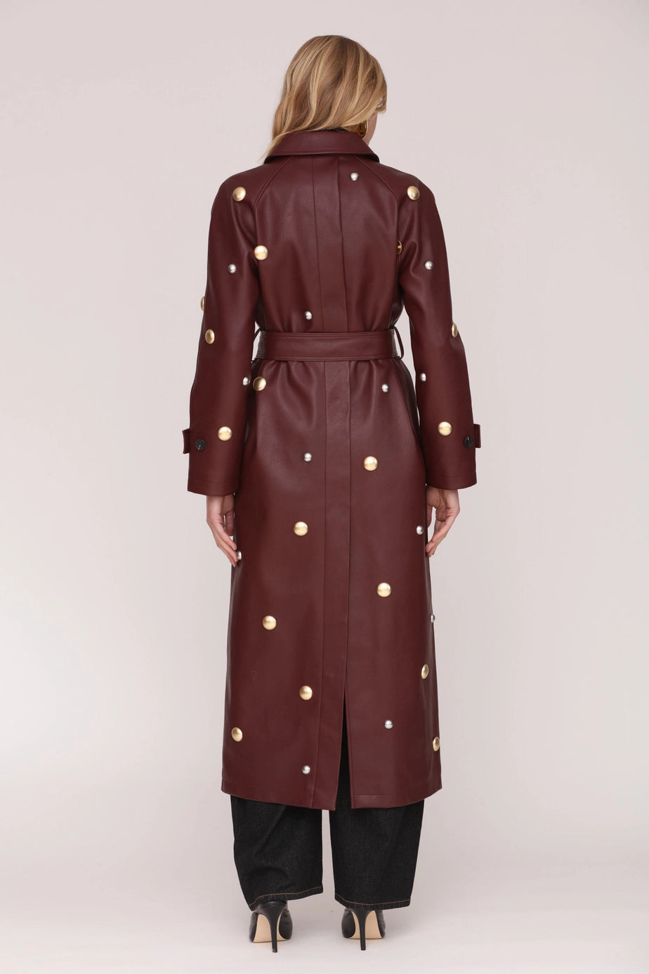 Studded Faux Leather Trench Coat