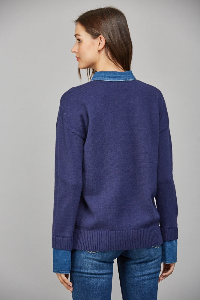 Sweater Top with Denim Collar Detail