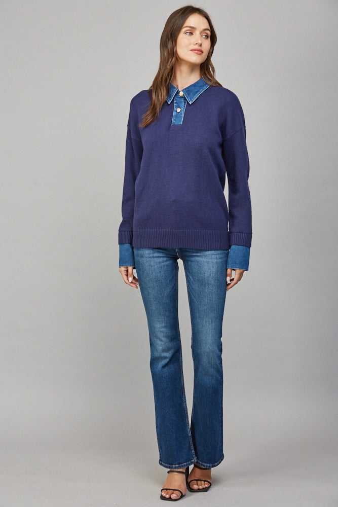 Sweater Top with Denim Collar Detail