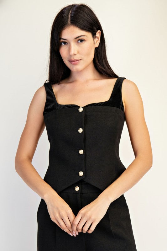 Tweed Front Button Top with Velvet Detail