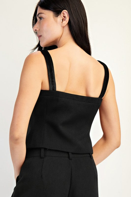 Tweed Front Button Top with Velvet Detail